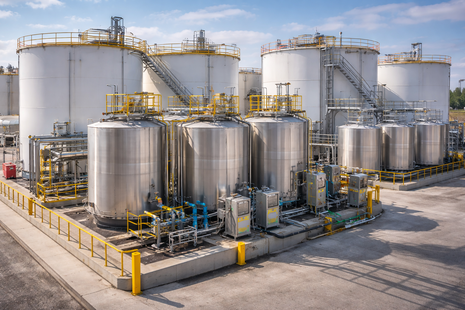 Industrial chemical storage tanks at a processing facility