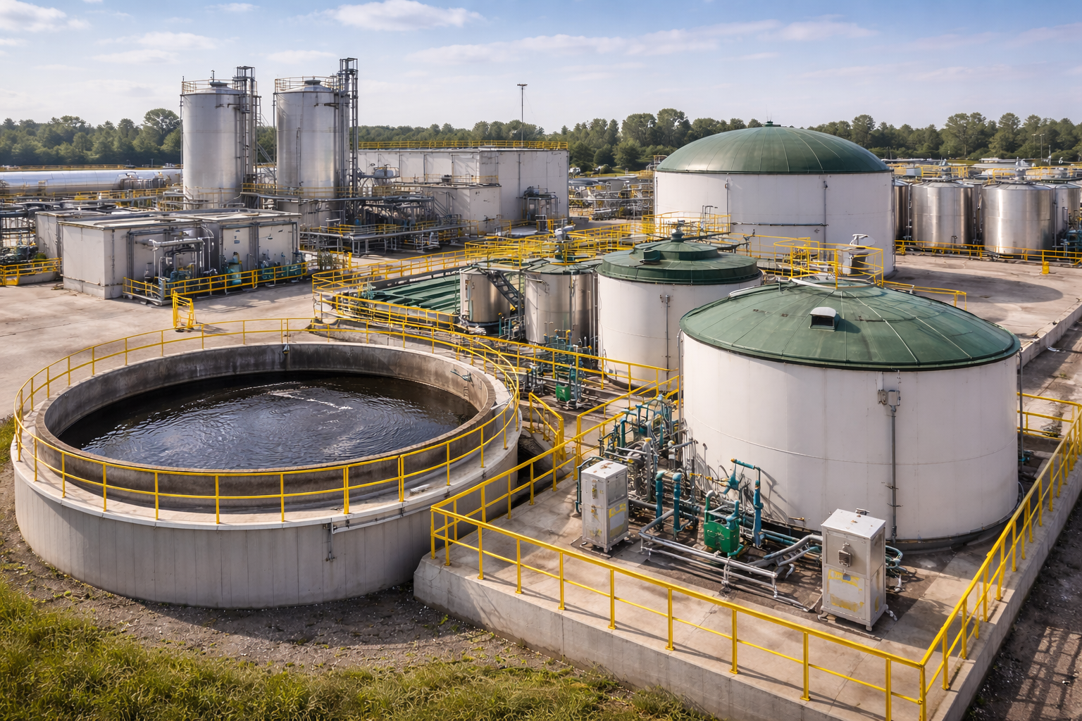 Water and wastewater storage tanks at an industrial site